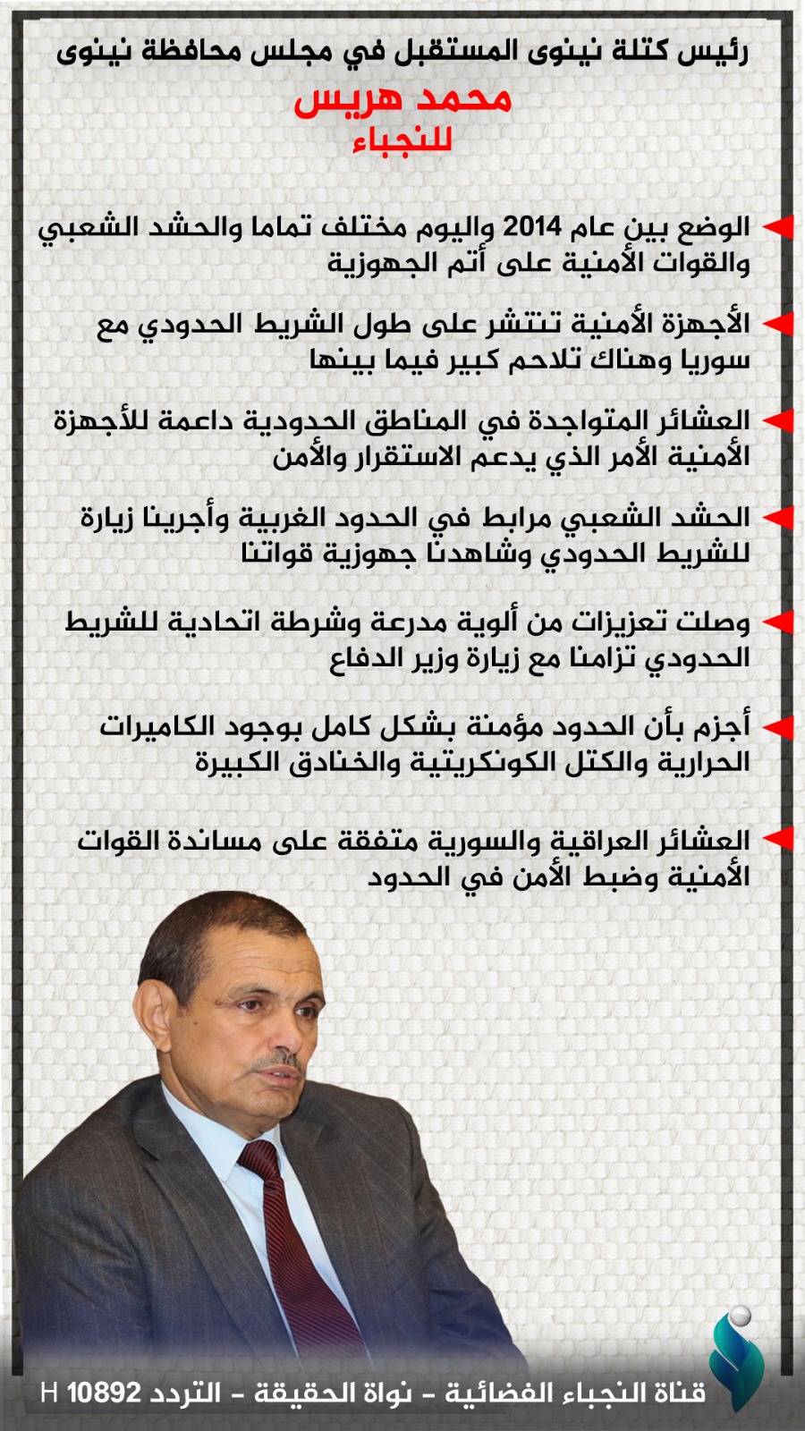 عضو مجلس محافظة نينوى محمد هريس للنجباء: الوضع يختلف عما كان عليه عام 2014 والحشد بأتم الجهوزية