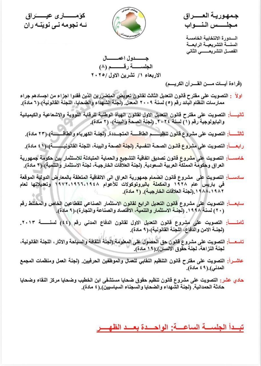 جدول أعمال البرلمان لجلسة الأربعاء المقبل