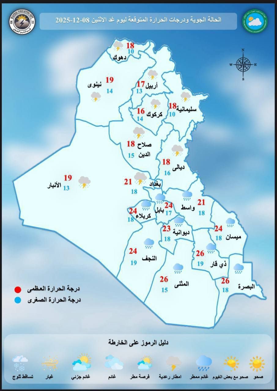 طقس العراق.. أمطار رعدية متوسطة الشدة وانخفاض في درجات الحرارة