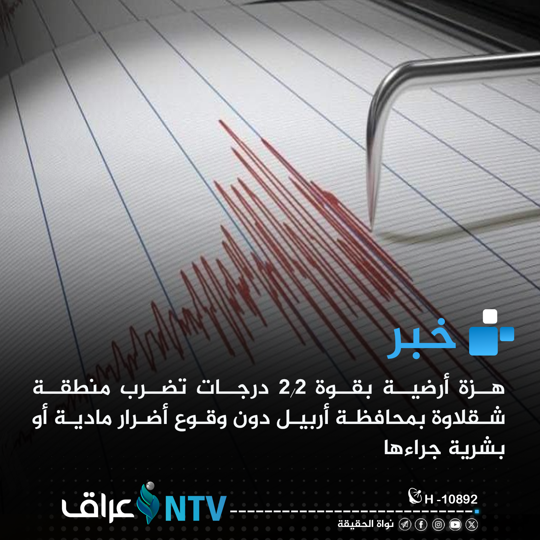 هزة أرضية بقوة 2.2 درجات تضرب منطقة شقلاوة بمحافظة أربيل دون وقوع أضرار مادية أو بشرية جراءها