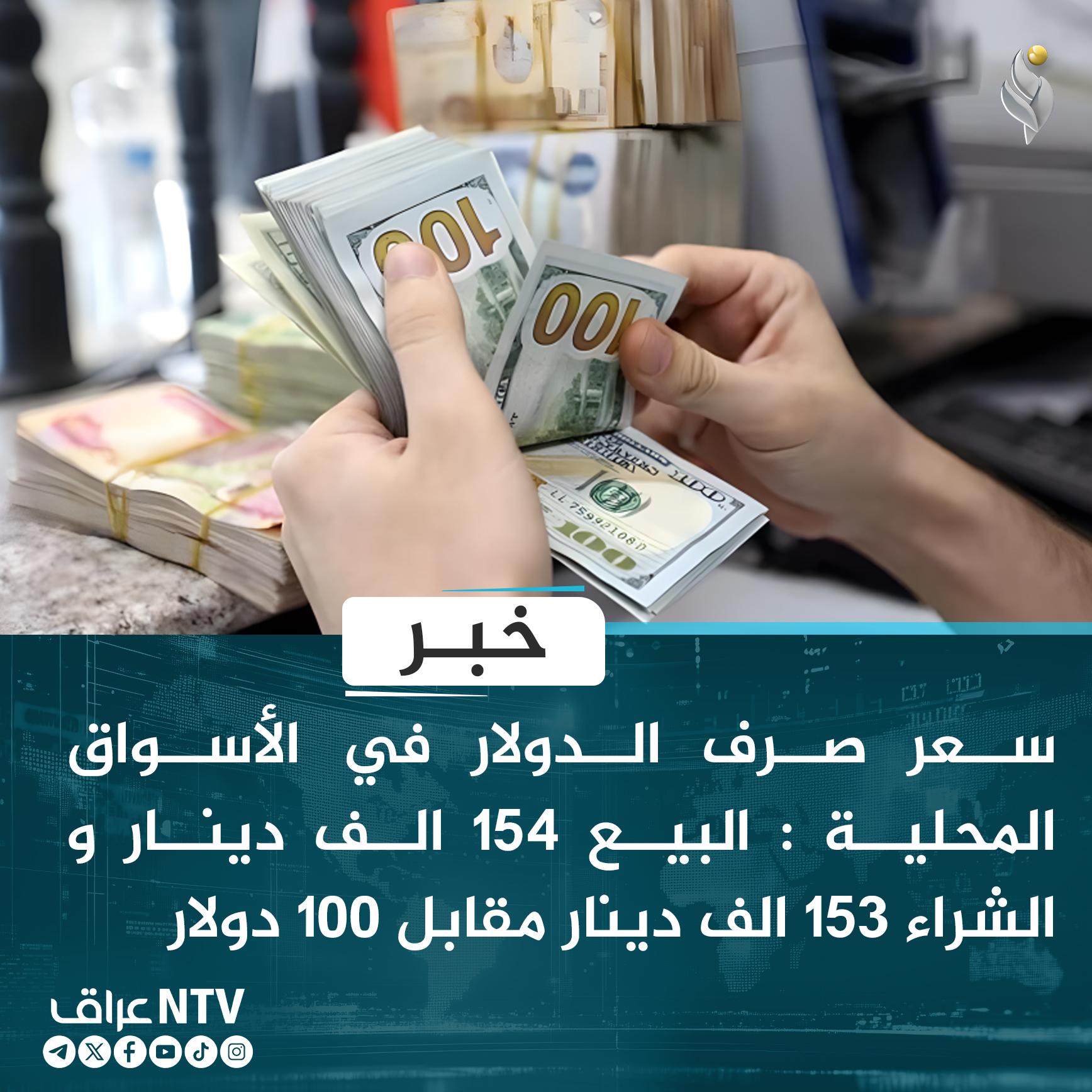 سعر صرف الدولار في الأسواق المحلية : البيع 154 الف دينار و الشراء 153 الف دينار مقابل 100 دولار