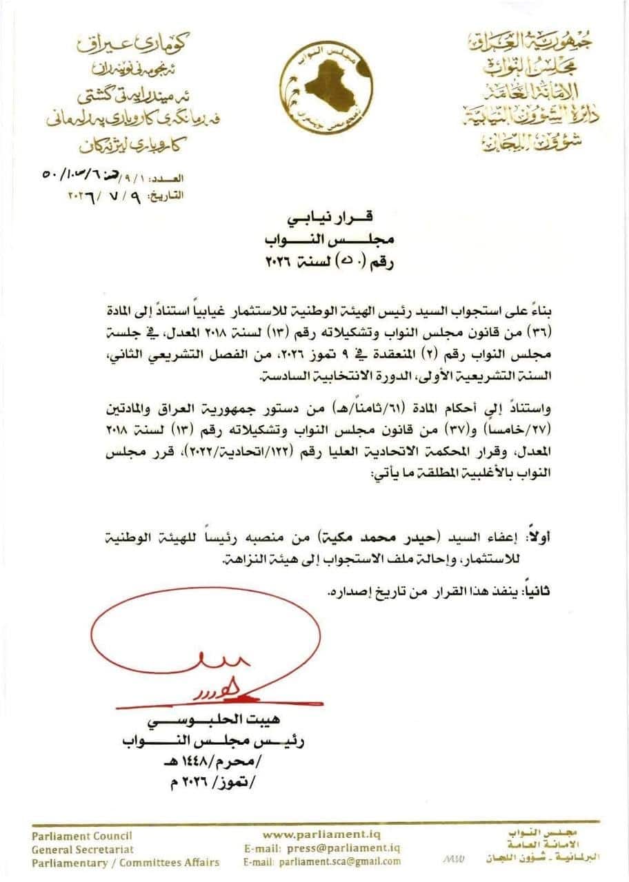 رئيس  مجلس النواب يقرر إقالة رئيس هيئة الاستثمار “حيدر مكية” وإحالة ملفه إلى هيئة النزاهة.
