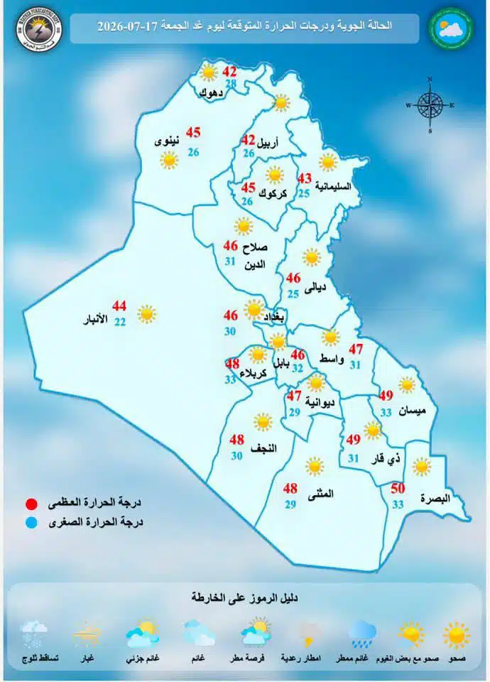 الانواء الجوية  حالة الطقس المتوقعة لهذا اليوم